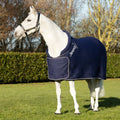 White horse wearing a navy blanket in an outdoor setting with trees and grass.