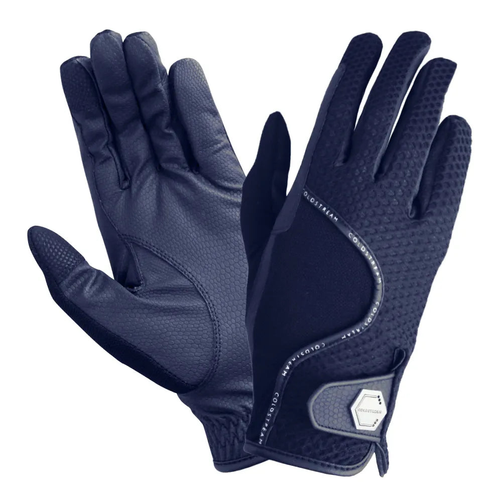 Pair of navy blue gloves with a brand logo on a white background