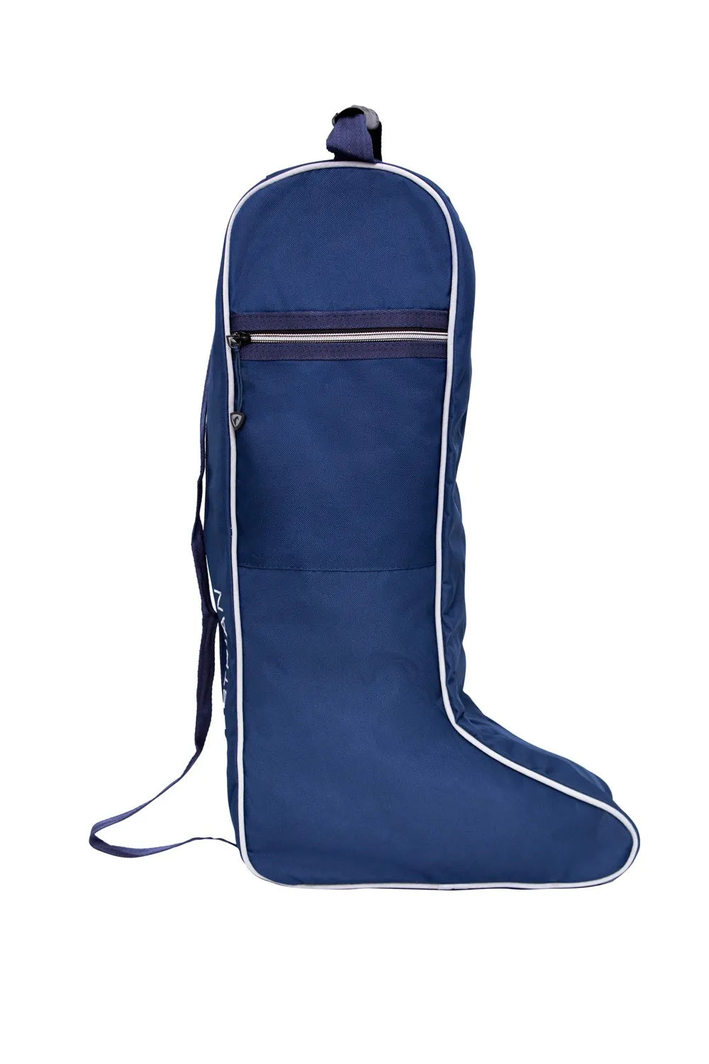 Navy blue boot bag with white trim on a white background