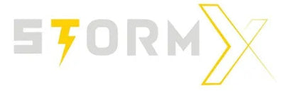 Logo of StormX with a yellow lightning bolt on a white background