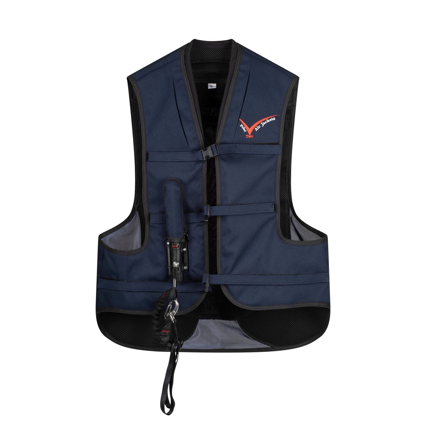 Point Two ProAir equestrian air vest in navy blue - front view showing adjustable straps and trigger system