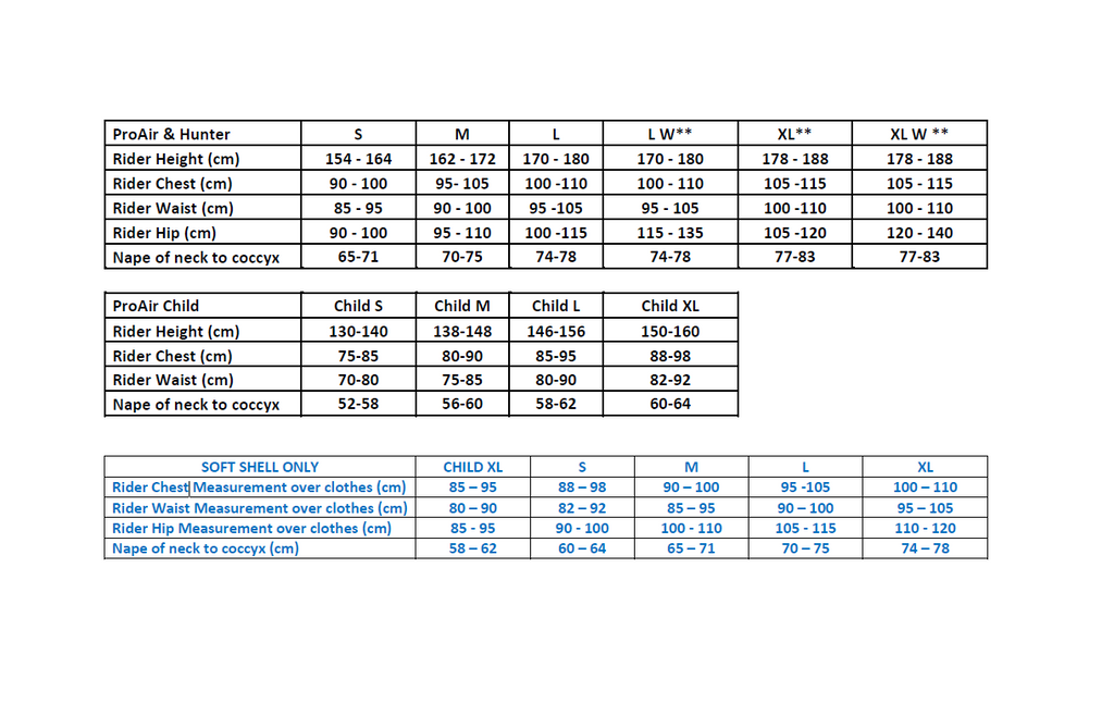 Point Two ProAir air vest size guide - measurement chart for proper fit