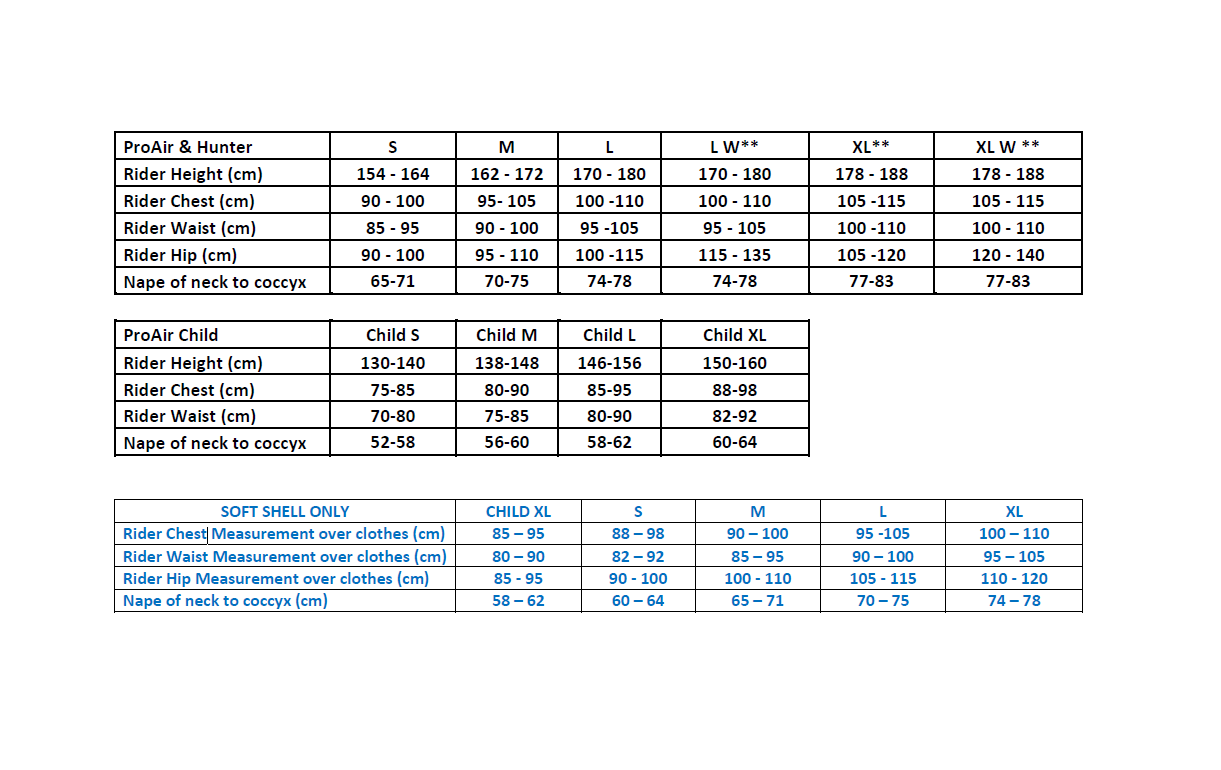 Point Two ProAir air vest size guide - measurement chart for proper fit