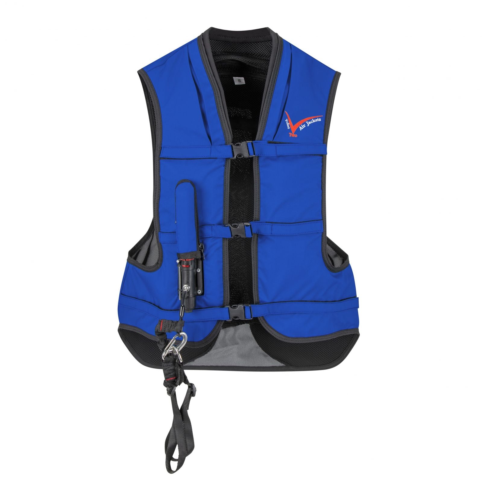 Blue air jacket with black accents on a white background