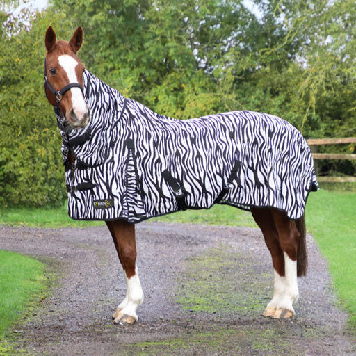 StormX breathable zebra print fly rug with neck cover on horse for insect protection